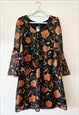 70S BLACK & ORANGE FLORAL MINIMALIST FLARE SLEEVE MIDI DRESS