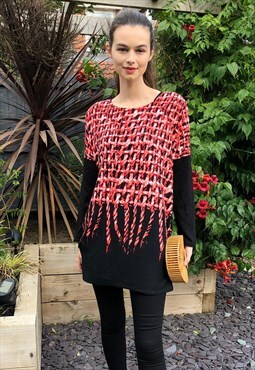 Oversized Knitted Top with Long Sleeves in Red and Black 