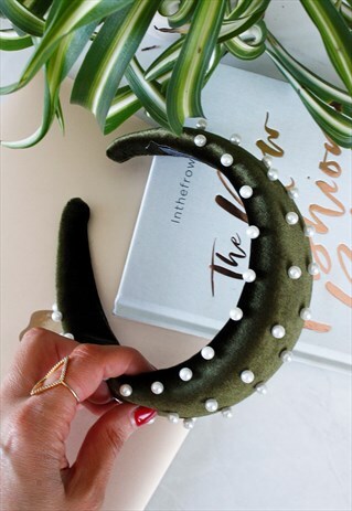 KHAKI GREEN PADDED VELVET PEARL ALICE HEAD BAND