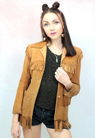 1970S VINTAGE TAN FAUX SUEDE FRINGE JACKET