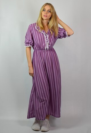 VINTAGE LILAC & WHITE STRIPE BOHO FESTIVAL DRESS