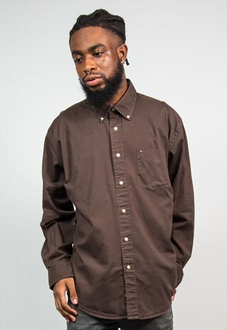 TOMMY HILFIGER 90'S VINTAGE BROWN LONG SLEEVE SHIRT