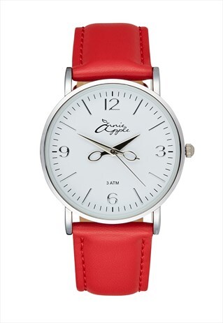 ANNIE APPLE SILVER & RED LEATHER HAIRDRESSERS SCISSOR WATCH