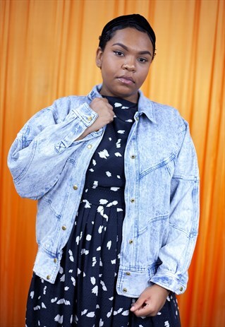 VINTAGE 80S DENIM JACKET BLUE WHITE ACID WASHED BLEACHED