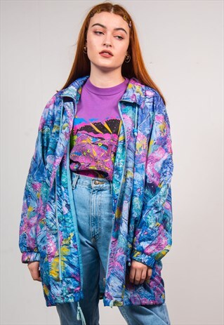 VINTAGE 90'S COLOURFUL PURPLE PAINT PRINT OVERSIZED PARKA