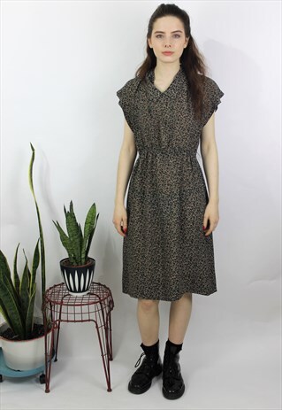 VINTAGE 1990S HANDMADE SEMI SHEER LEAF PRINT MIDI DRESS