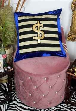 Gold dollar cushion in black and gold with blue velvet trim