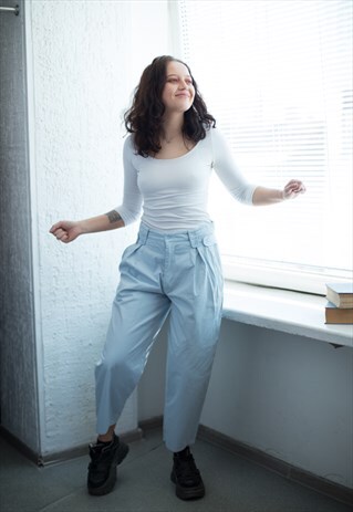VINTAGE 80'S HIGH WAISTED COTTON CARROT TROUSERS IN BLUE