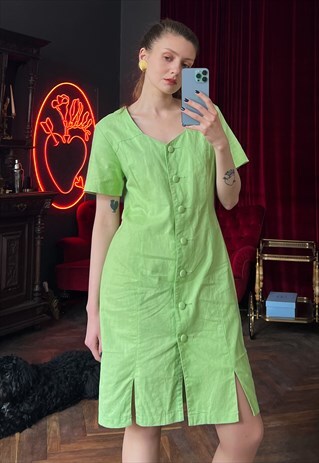 Short Sleeve Button front Green Linen Knee Length Dress