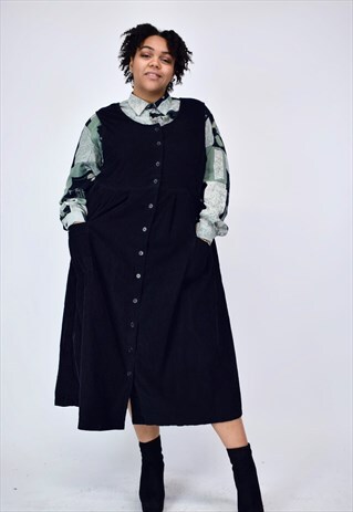 VINTAGE 90'S NAVY CORDUROY LONG BUTTON UP DRESS