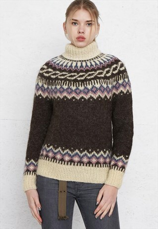 VINTAGE BROWN TURTLE ROLL NECK WOOL KNIT JUMPER SWEATER