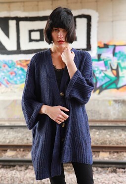 Navy blue wool blend knitted cardigan with front pockets