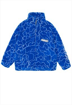Geometric fleece jacket retro fluffy bomber grunge coat blue