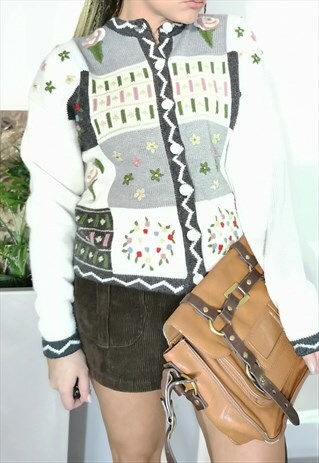 VINTAGE 90'S FLORAL GEOMETRIC PATTERN EMBROIDERED CARDIGAN