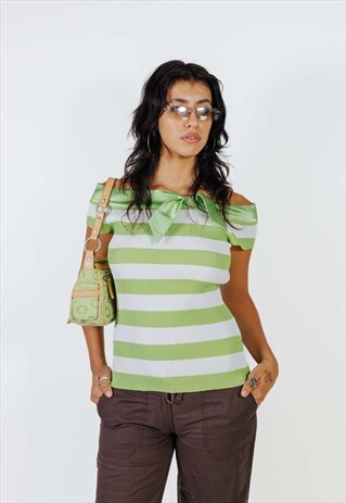 VINTAGE 00S BOAT NECK KNITTED TOP WITH RIBBON