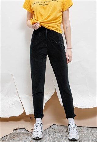 VINTAGE 80S BLACK VELVET HIGH WAIST STIRRUP TROUSERS WOMEN