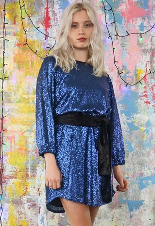 BLUE TINY SEQUIN SHIFT DRESS