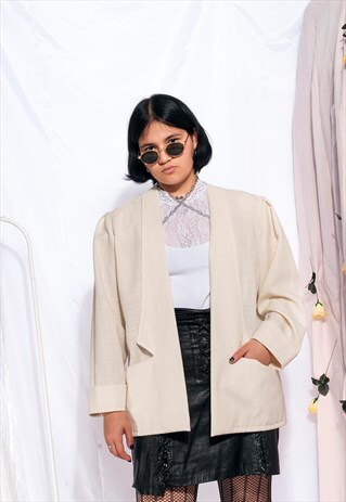 VINTAGE BLAZER JACKET 80S OPEN FRONT BEIGE MINIMALIST COAT