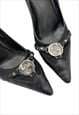 GUCCI HEELS COURTS 37 / 4 BLACK POINTED TOE SILVER GG LOGO 
