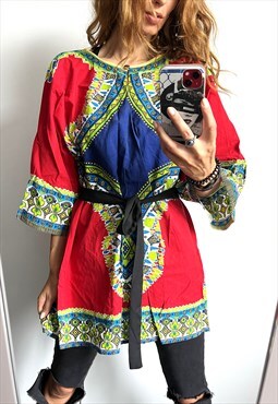 Abstract Colorful Dashiki Cotton Boho Tunic Kimono L