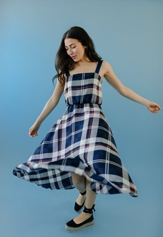 BASTET NOIR CHECKERED MIDI BLUE AND WHITE FLARE DRESS
