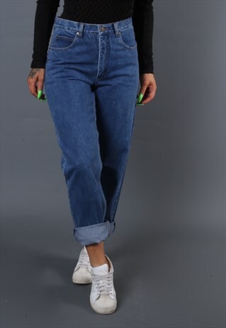HIGH WAISTED DENIM JEANS TAPERED LEG UK 12 VINTAGE (B63L)