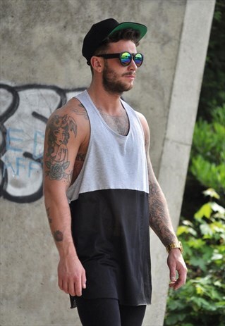 NEW 90'S STYLE OVERSIZE 2 TONE GREY BLACK AIRTEX VEST TOP