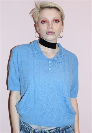 VINTAGE 90S BLUE OVERSIZED CROCHET KNIT WINTER JUMPER