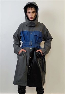 Denim patchwork trench jacket faux leather long coat in grey