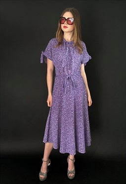 70's Vintage Purple Floral Short Sleeve Cotton Midi Dress