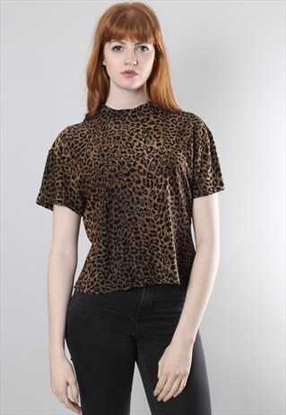 VINTAGE 90S LEOPARD PRINT HIGH NECK CROPPED T-SHIRT TOP