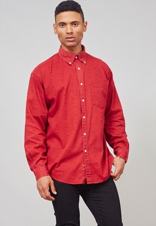 VINTAGE 90S BERRY RED LOGO PRINT RIBBED TOMMY HILFIGER SHIRT