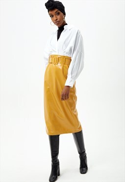 Yellow Pu Midi Belted Pencil Skirt
