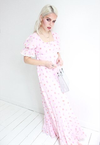 VINTAGE 70S LONG BABY PINK FLORAL PRAIRIE DRESS