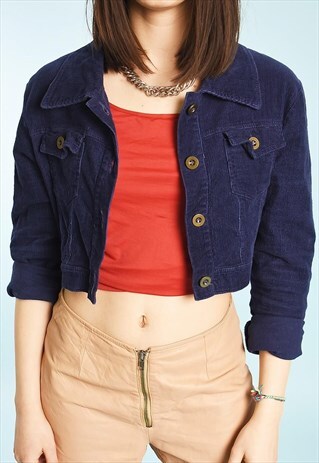 Y2K CORDUROY NAVY BLUE FESTIVAL TEEN CROPPED JACKET TOP