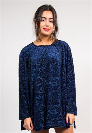 90'S VINTAGE DARK BLUE PATTERNED LONG SLEEVE VELVET TOP