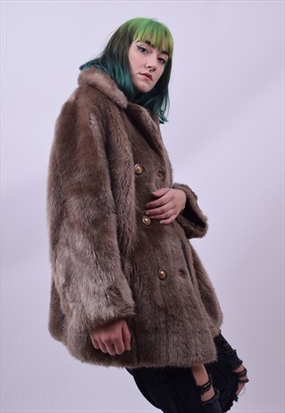 VINTAGE 80'S THICK FLUFFY TAUPE FAUX FUR COAT SIZE LARGE