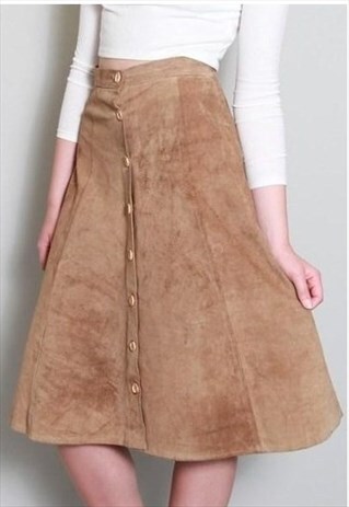 VINTAGE 1970'S TAN SUEDE BUTTON FRONT A-LINE MIDI SKIRT