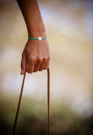 INFINITY BRACELET, TURQUOISE CORD WITH GOLD ENDLESS KNOT