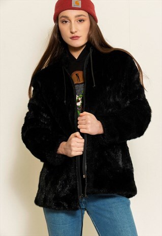 VINTAGE 90S BLACK FAUX FUR ZIP UP JACKET