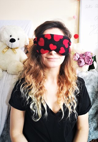 RED BLACK HEARTS SOFT FLUFFY FLEECE EYE COVER MASK
