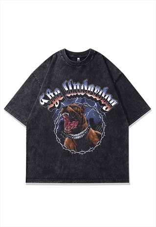 Pitbull print t-shirt angry dog tee retro grunge top in grey