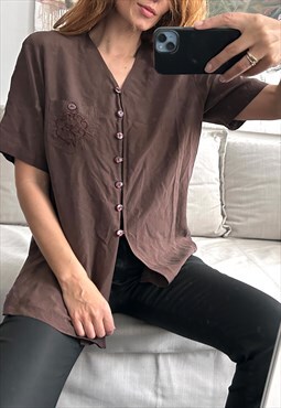 Vintage 80s Taupe Brown Buttoned Top 