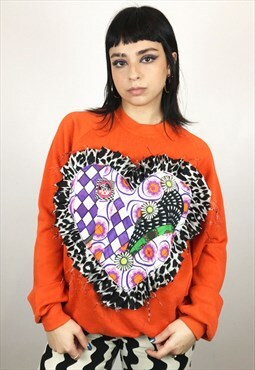 Upcycled Reworked Sweatshirt In Orange Crazy Heart Patchwork