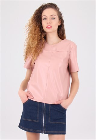 PINK FAUX LEATHER SHORT SLEEVES T-SHIRT