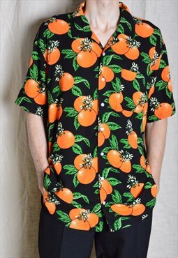 Vintage 90s Black Orange Fruit Short Sleeve Mens Shirt