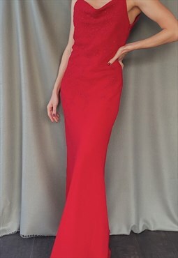 90 vintage XS/S maxi BEADED red bias cut evening slip dress