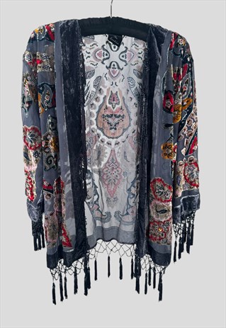 VINTAGE STYLE NEW LADIES KIMONO GREY VELVET FLORAL PRINT