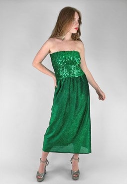 70's Vintage Ladies Midi Dress Green Sequin Lurex Evening