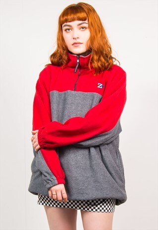 VINTAGE 90'S RED & GREY QUARTER ZIP OVERSIZED FLEECE JUMPER